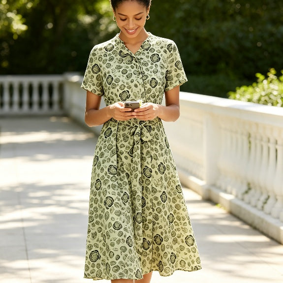 Green Medallion Print Button-Front Midi Dress