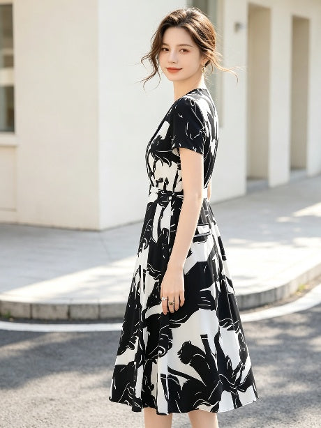 Midi V-Neck Fit-and-Flare Dress