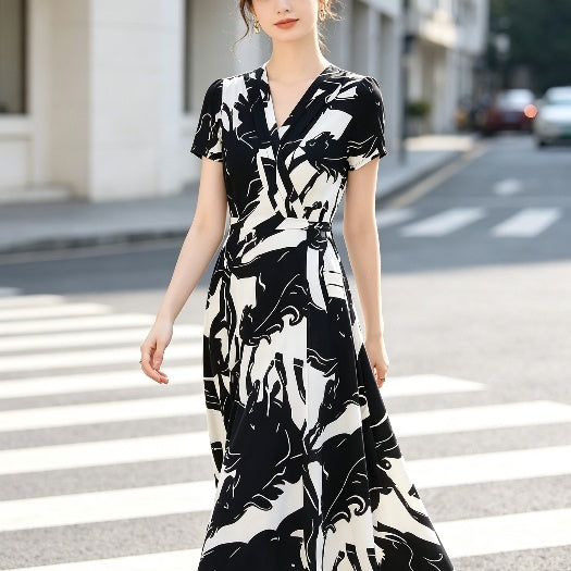 Midi V-Neck Fit-and-Flare Dress