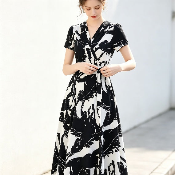 Midi V-Neck Fit-and-Flare Dress