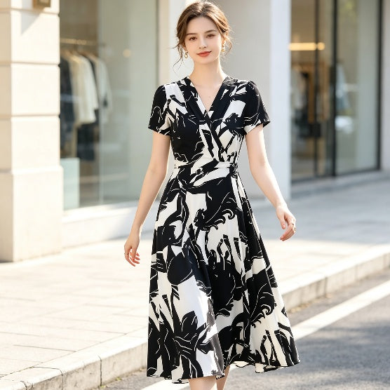 Midi V-Neck Fit-and-Flare Dress