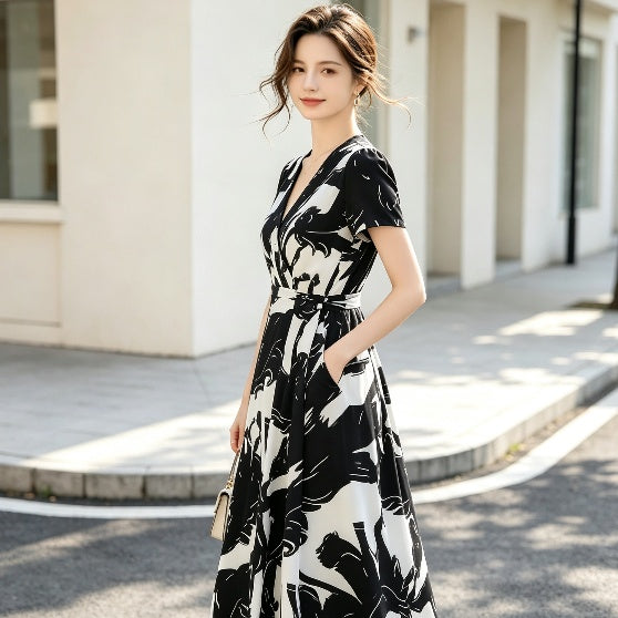 Midi V-Neck Fit-and-Flare Dress