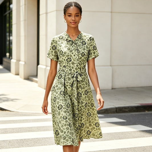 Green Medallion Print Button-Front Midi Dress