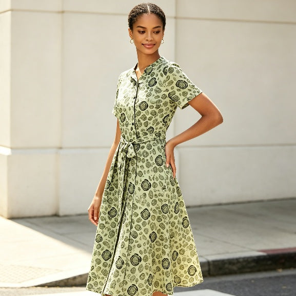 Green Medallion Print Button-Front Midi Dress