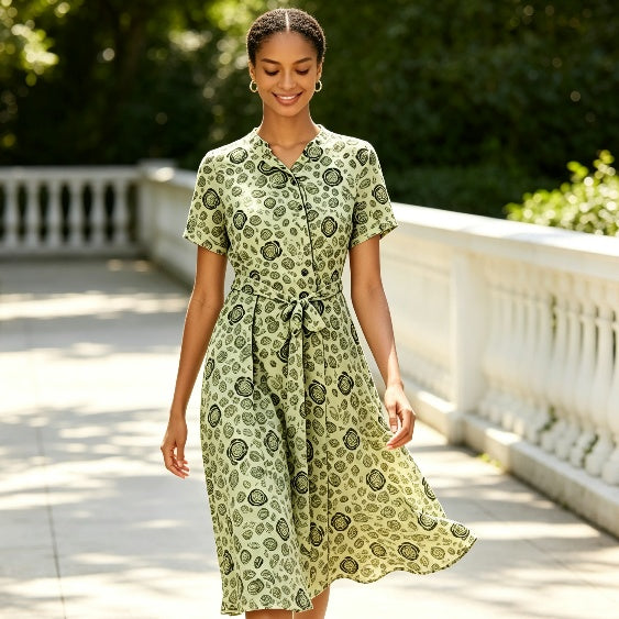 Green Medallion Print Button-Front Midi Dress