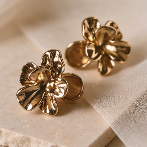 Gold Ruffled Flower Stud Earrings