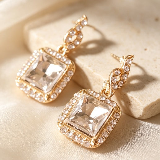 Square Crystal Halo Drop Earrings