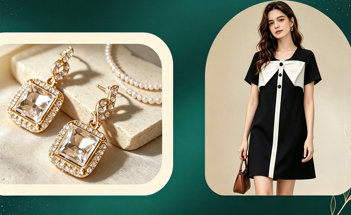 Promotional graphic for Clover Jade Fashion featuring elegant jewelry and outfits. The left panel shows gold square drop earrings with clear rhinestone-like stones and pearl strands on a beige surface.