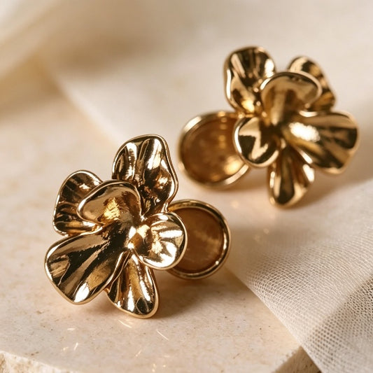 Gold Ruffled Flower Stud Earrings