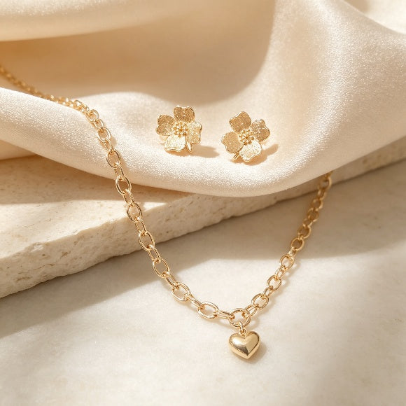 Gold Flower Stud & Heart Pendant Necklace Set