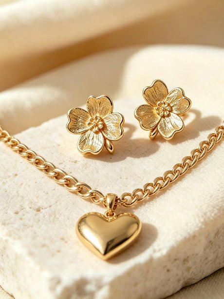 Gold Flower Stud & Heart Pendant Necklace Set