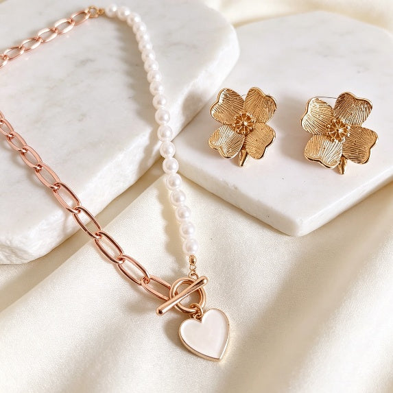 Pearl & Flower Heart Jewelry Set
