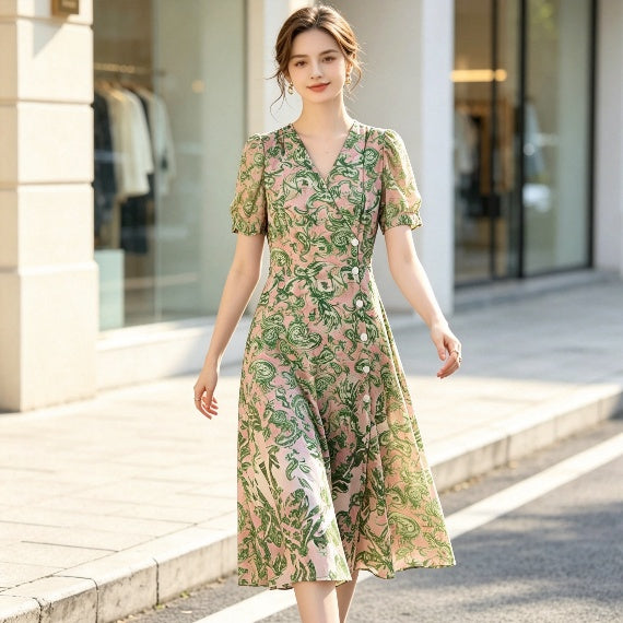 Vintage Botanical Print Midi Dress