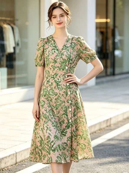Vintage Botanical Print Midi Dress