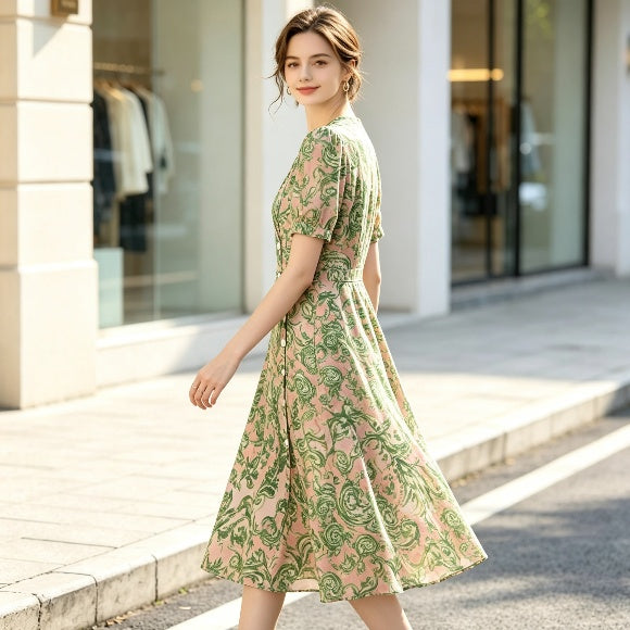 Vintage Botanical Print Midi Dress