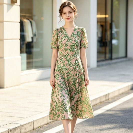 Vintage Botanical Print Midi Dress