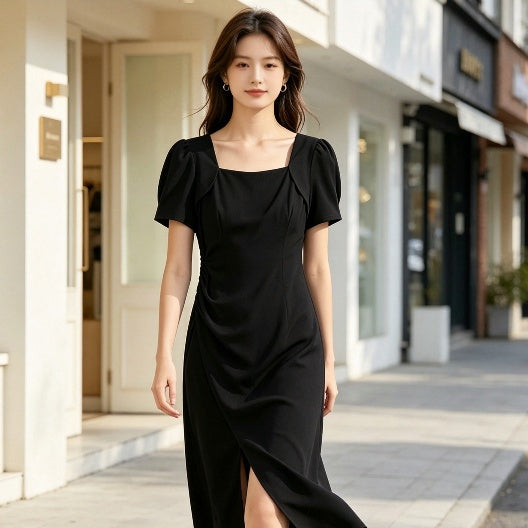 Black Ruched Square Neck Midi Dress