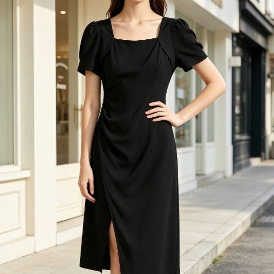 Black Ruched Square Neck Midi Dress