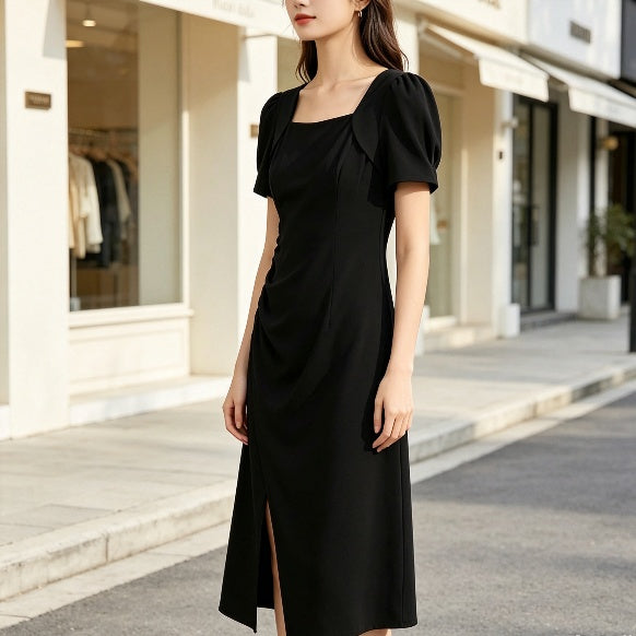Black Ruched Square Neck Midi Dress