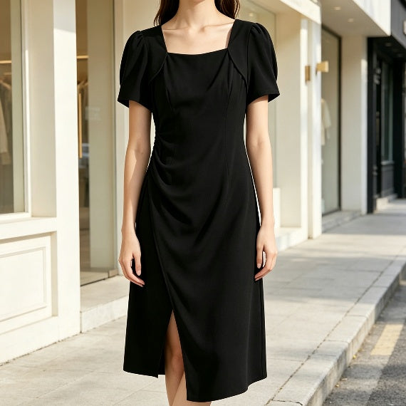 Black Ruched Square Neck Midi Dress