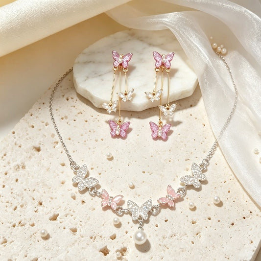 Butterfly Crystal Pearl Necklace & Earrings Set