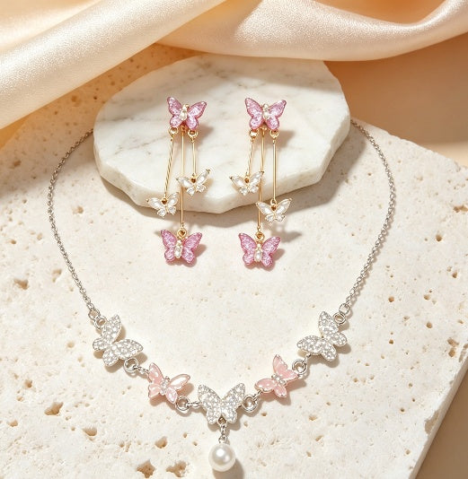 Butterfly Crystal Pearl Necklace & Earrings Set