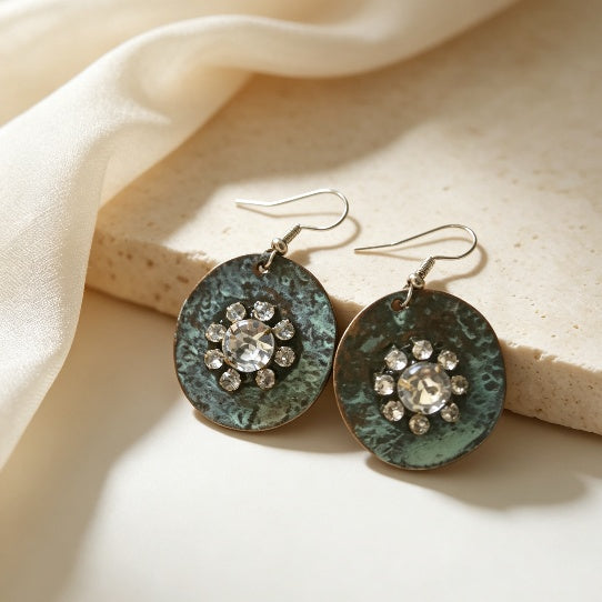 Verdigris Patina Rhinestone Flower Drop Earrings