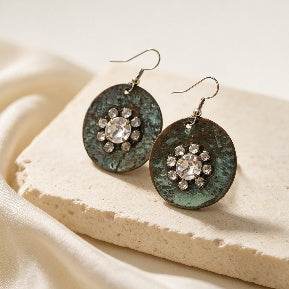 Verdigris Patina Rhinestone Flower Drop Earrings