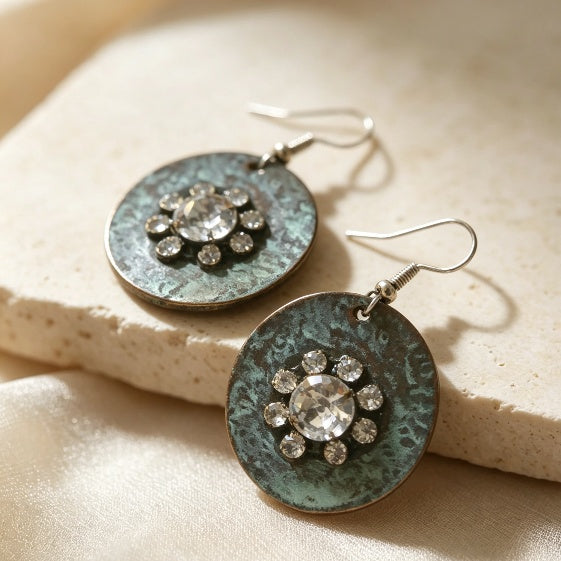 Verdigris Patina Rhinestone Flower Drop Earrings