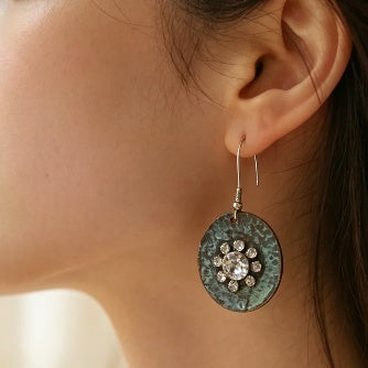 Verdigris Patina Rhinestone Flower Drop Earrings