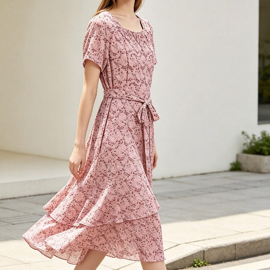 Pink Floral Ruffle Tiered Midi Dress