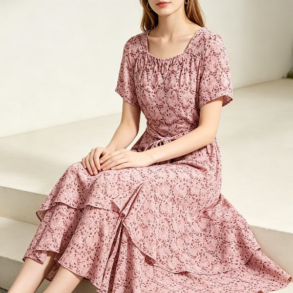 Pink Floral Ruffle Tiered Midi Dress
