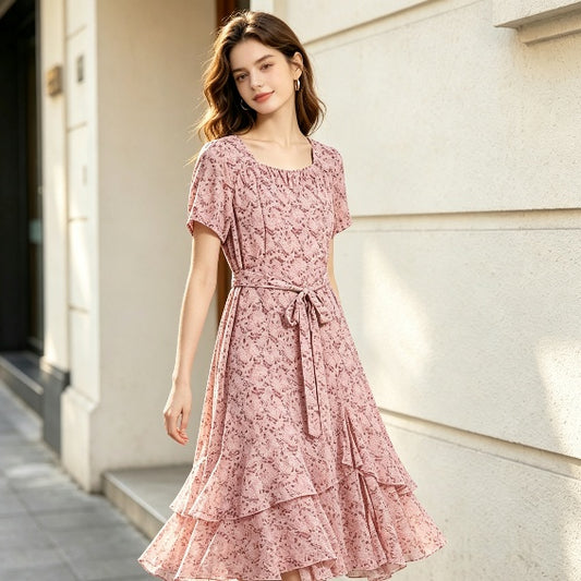 Pink Floral Ruffle Tiered Midi Dress