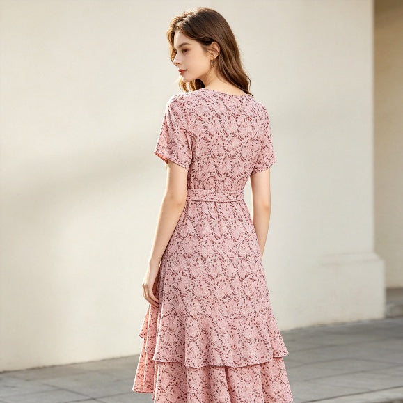 Pink Floral Ruffle Tiered Midi Dress
