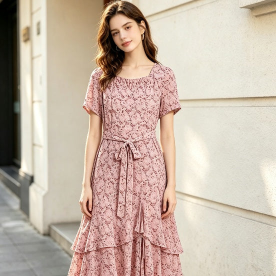 Pink Floral Ruffle Tiered Midi Dress