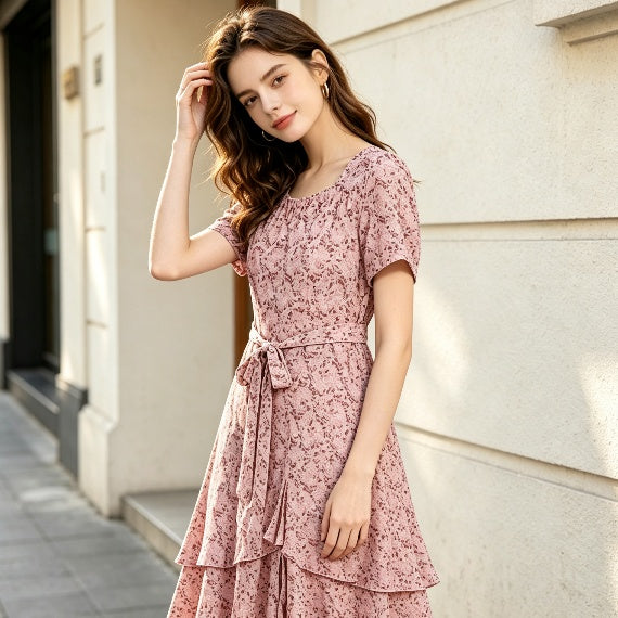 Pink Floral Ruffle Tiered Midi Dress