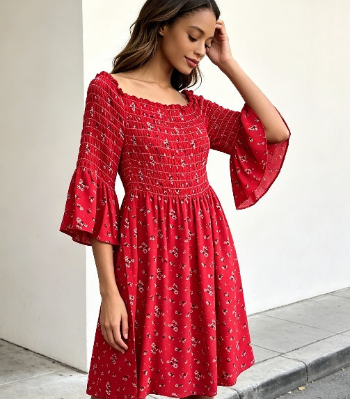 Red Floral Smocked Bell Sleeve Dress