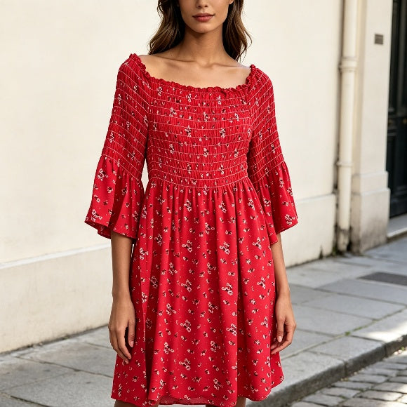Red Floral Smocked Bell Sleeve Dress