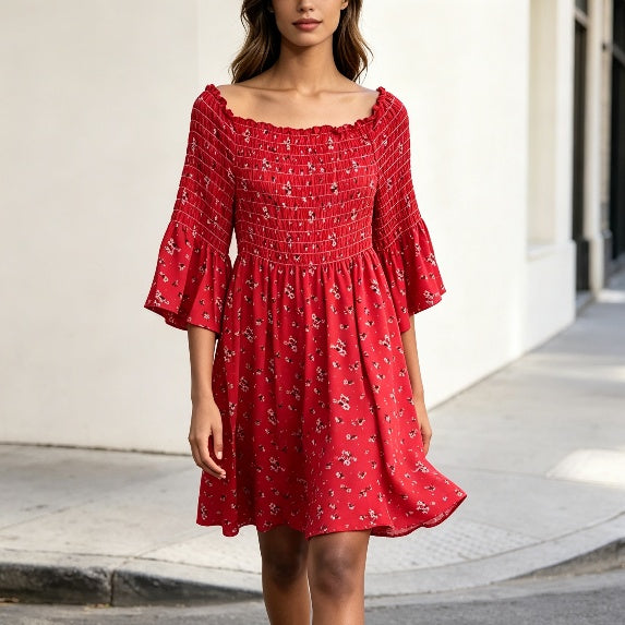 Red Floral Smocked Bell Sleeve Dress