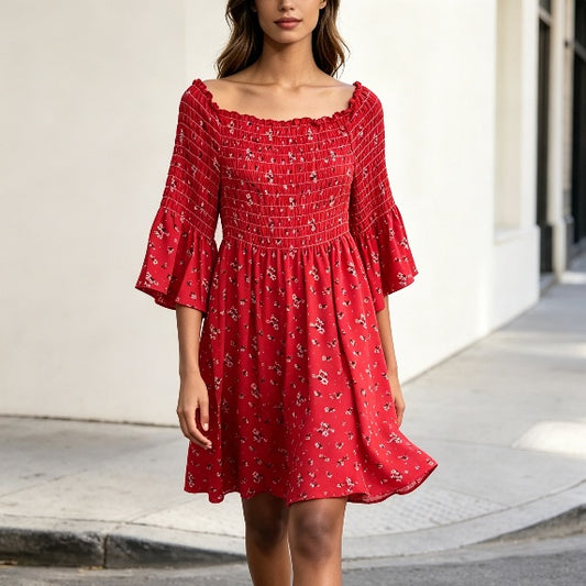 Red Floral Smocked Bell Sleeve Dress