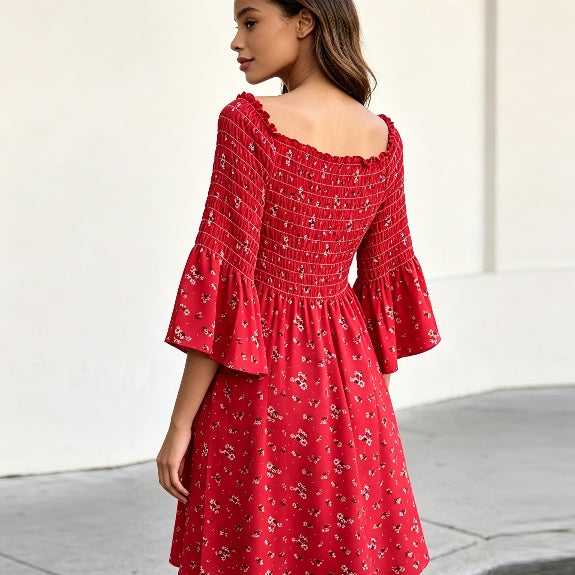 Red Floral Smocked Bell Sleeve Dress