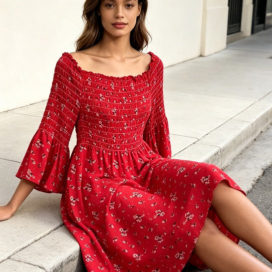 Red Floral Smocked Bell Sleeve Dress