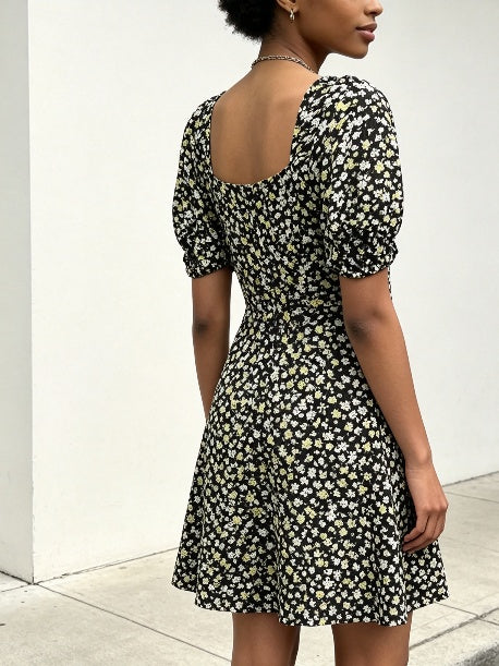 Black Floral Sweetheart Puff Sleeve Mini Dress