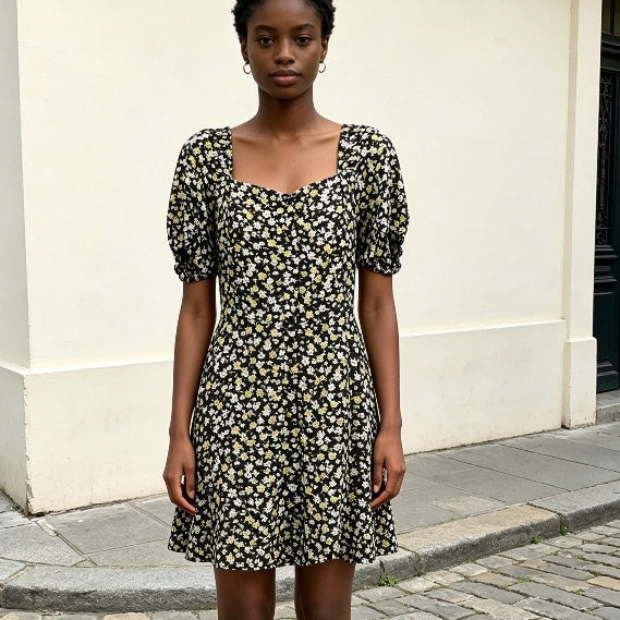 Black Floral Sweetheart Puff Sleeve Mini Dress