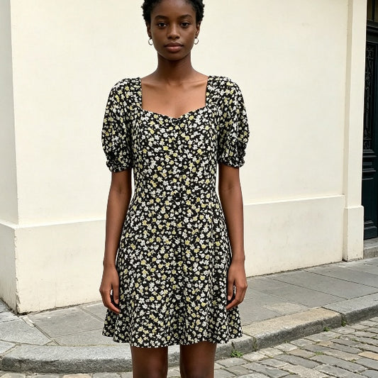Black Floral Sweetheart Puff Sleeve Mini Dress