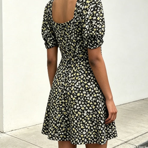 Black Floral Sweetheart Puff Sleeve Mini Dress