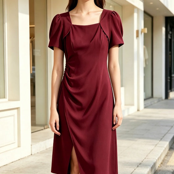 Black Ruched Square Neck Midi Dress